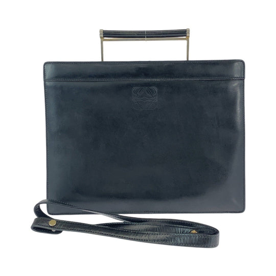 LOEWE Business bag leather Black SilverMetal Business Bag Handbag Shoulder Bag 2way anagram mens Used Authentic