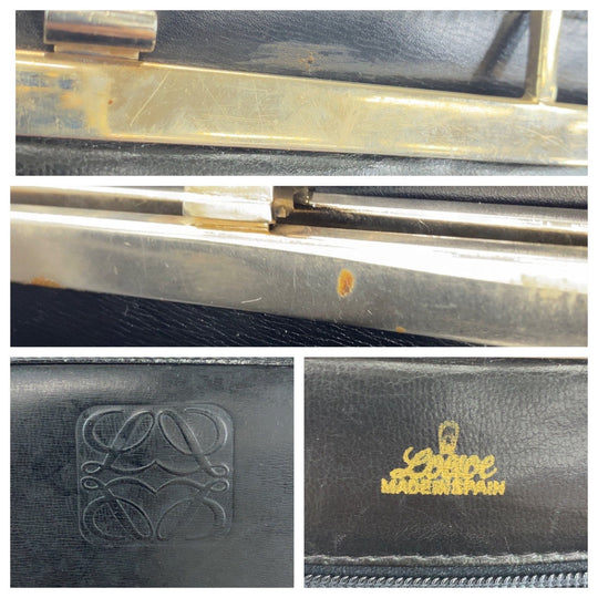LOEWE Business bag leather Black SilverMetal Business Bag Handbag Shoulder Bag 2way anagram mens Used Authentic