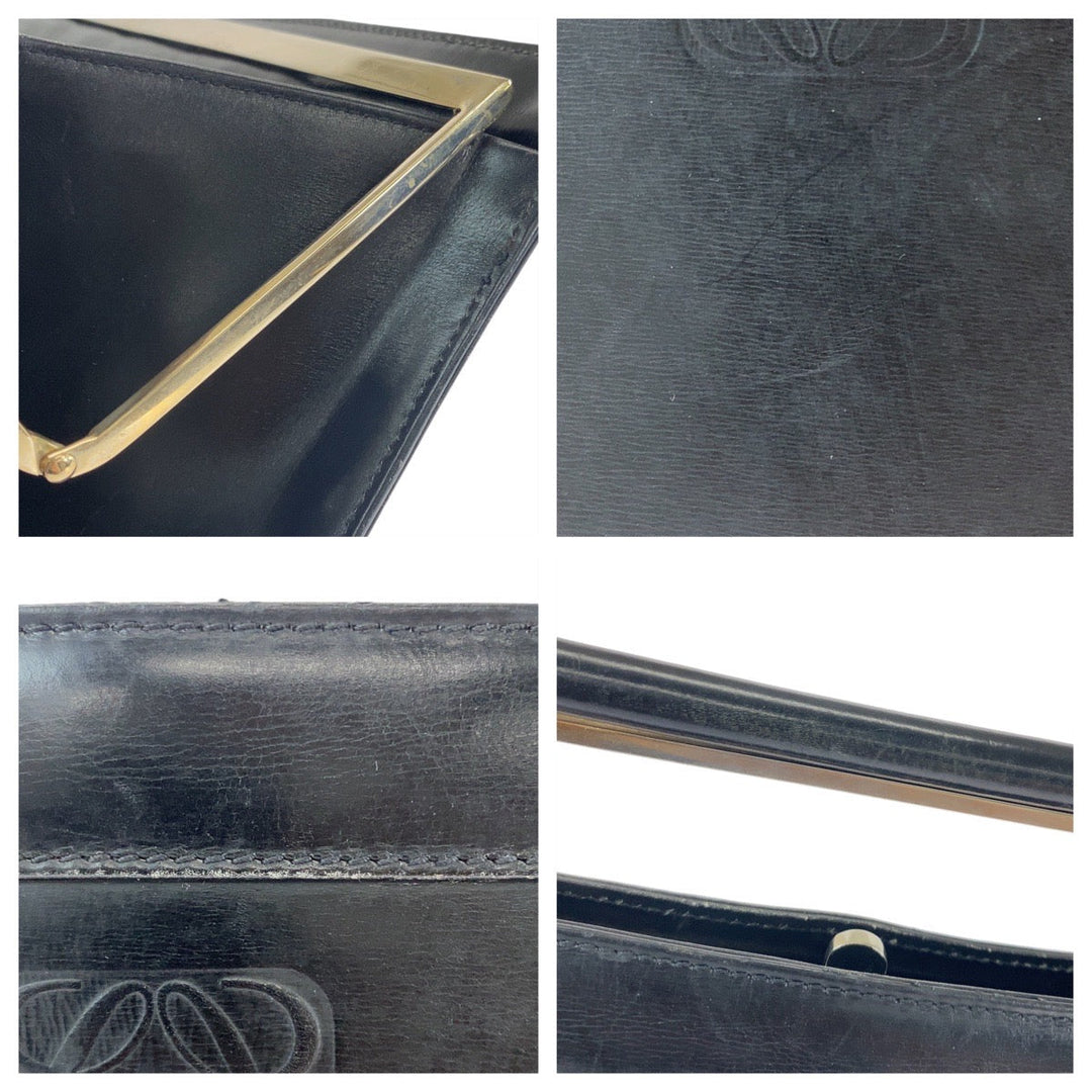 LOEWE Business bag leather Black SilverMetal Business Bag Handbag Shoulder Bag 2way anagram mens Used Authentic