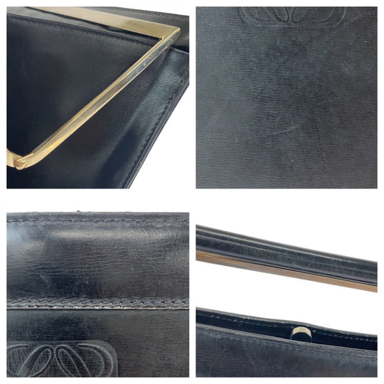 LOEWE Business bag leather Black SilverMetal Business Bag Handbag Shoulder Bag 2way anagram mens Used Authentic