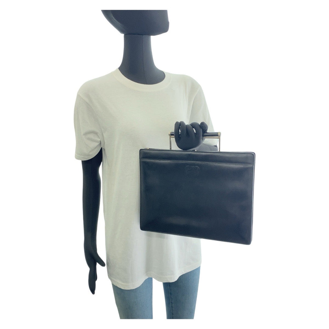 LOEWE Business bag leather Black SilverMetal Business Bag Handbag Shoulder Bag 2way anagram mens Used Authentic