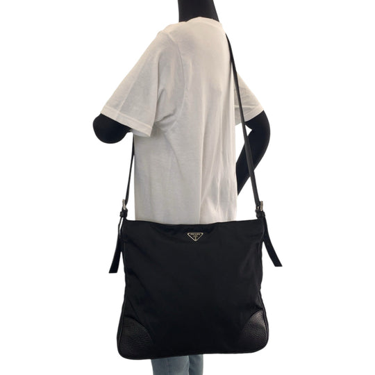 PRADA Shoulder Bag Nylon, Leather Black SilverMetal Shoulder Bag Messenger bag Tessuto Vitello Dino Triangle With logo mens Used Authentic