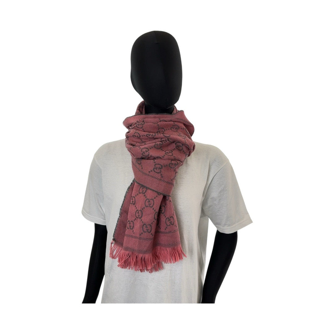 GUCCI Scarf wool Pink gray Muffler stall shawl GG pattern Women Used Authentic