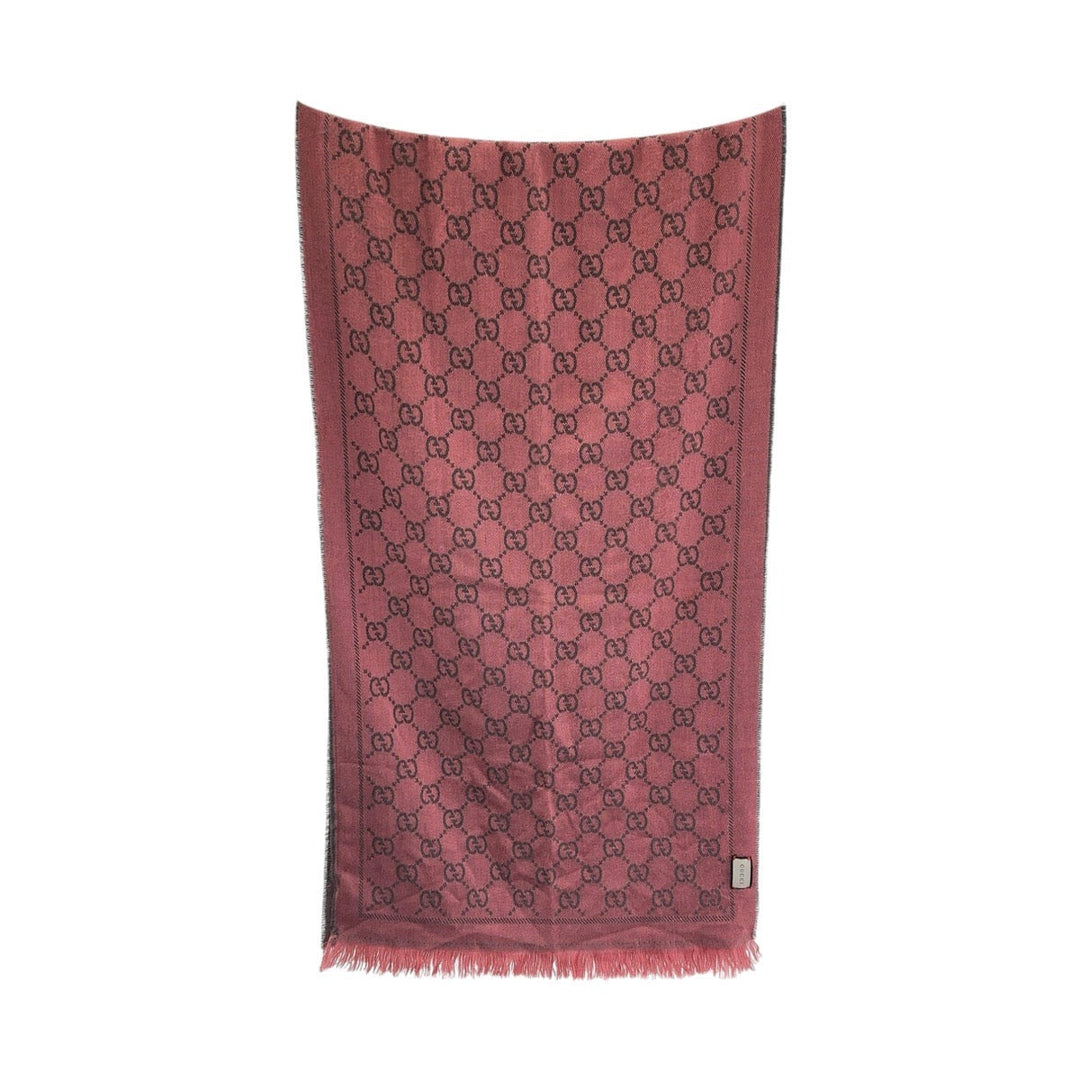 GUCCI Scarf wool Pink gray Muffler stall shawl GG pattern Women Used Authentic