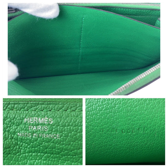 HERMES Long Wallet Purse leather Green SilverMetal Long Wallet Purse Long wallet unisex Azap TGM mens Used Authentic