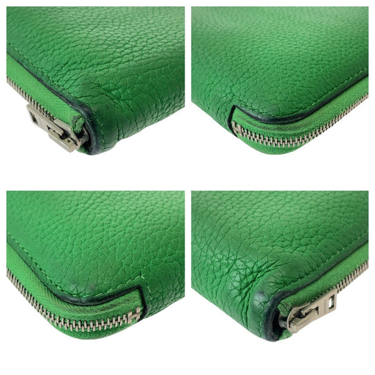HERMES Long Wallet Purse leather Green SilverMetal Long Wallet Purse Long wallet unisex Azap TGM mens Used Authentic