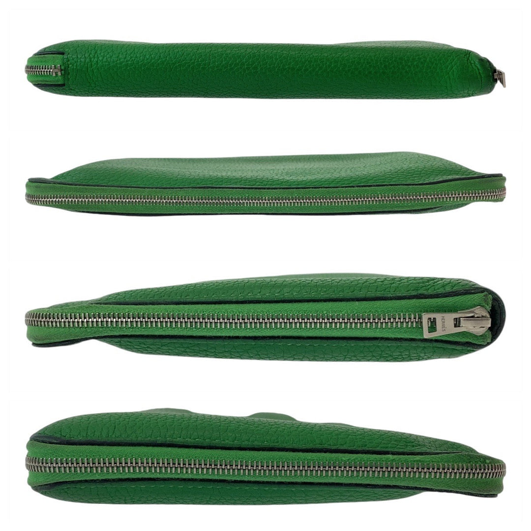 HERMES Long Wallet Purse leather Green SilverMetal Long Wallet Purse Long wallet unisex Azap TGM mens Used Authentic