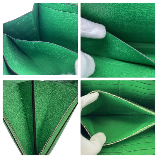HERMES Long Wallet Purse leather Green SilverMetal Long Wallet Purse Long wallet unisex Azap TGM mens Used Authentic