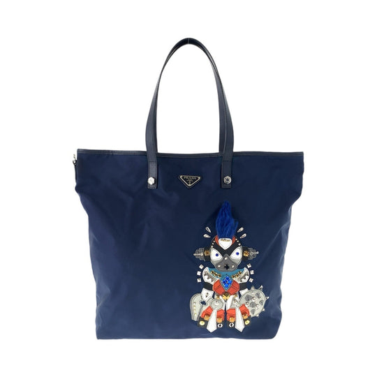 PRADA Tote Bag Nylon Navy SilverMetal Tote Bag Shoulder Bag Tessuto Robot Patchwork Bijou Triangle With logo Women Used Authentic