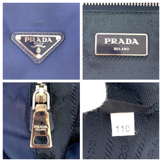 PRADA Tote Bag Nylon Navy SilverMetal Tote Bag Shoulder Bag Tessuto Robot Patchwork Bijou Triangle With logo Women Used Authentic