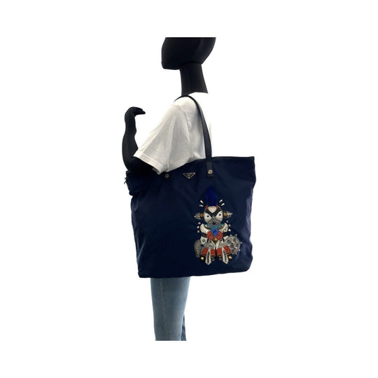 PRADA Tote Bag Nylon Navy SilverMetal Tote Bag Shoulder Bag Tessuto Robot Patchwork Bijou Triangle With logo Women Used Authentic