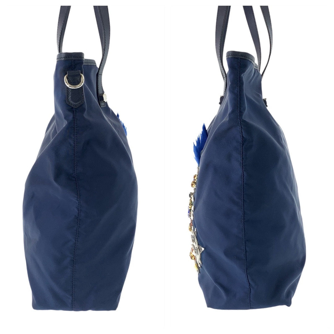 PRADA Tote Bag Nylon Navy SilverMetal Tote Bag Shoulder Bag Tessuto Robot Patchwork Bijou Triangle With logo Women Used Authentic