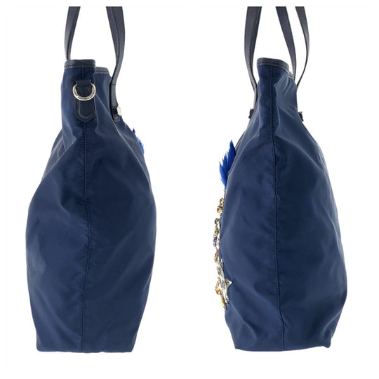 PRADA Tote Bag Nylon Navy SilverMetal Tote Bag Shoulder Bag Tessuto Robot Patchwork Bijou Triangle With logo Women Used Authentic
