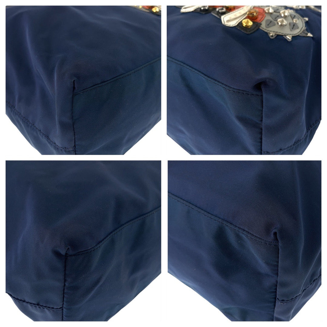 PRADA Tote Bag Nylon Navy SilverMetal Tote Bag Shoulder Bag Tessuto Robot Patchwork Bijou Triangle With logo Women Used Authentic