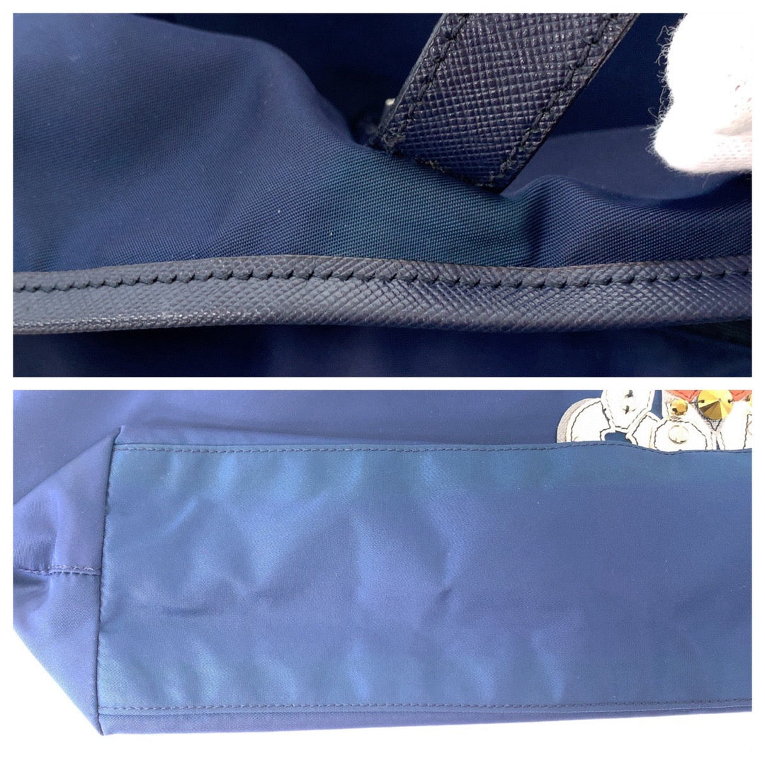 PRADA Tote Bag Nylon Navy SilverMetal Tote Bag Shoulder Bag Tessuto Robot Patchwork Bijou Triangle With logo Women Used Authentic