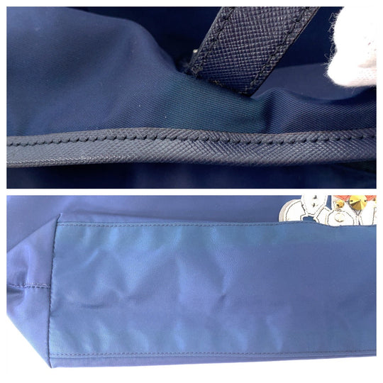 PRADA Tote Bag Nylon Navy SilverMetal Tote Bag Shoulder Bag Tessuto Robot Patchwork Bijou Triangle With logo Women Used Authentic