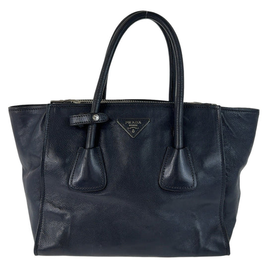 PRADA Tote Bag leather Navy SilverMetal Tote Bag handbag Triangle With logo Women Used Authentic