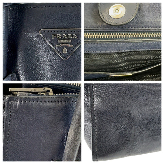 PRADA Tote Bag leather Navy SilverMetal Tote Bag handbag Triangle With logo Women Used Authentic