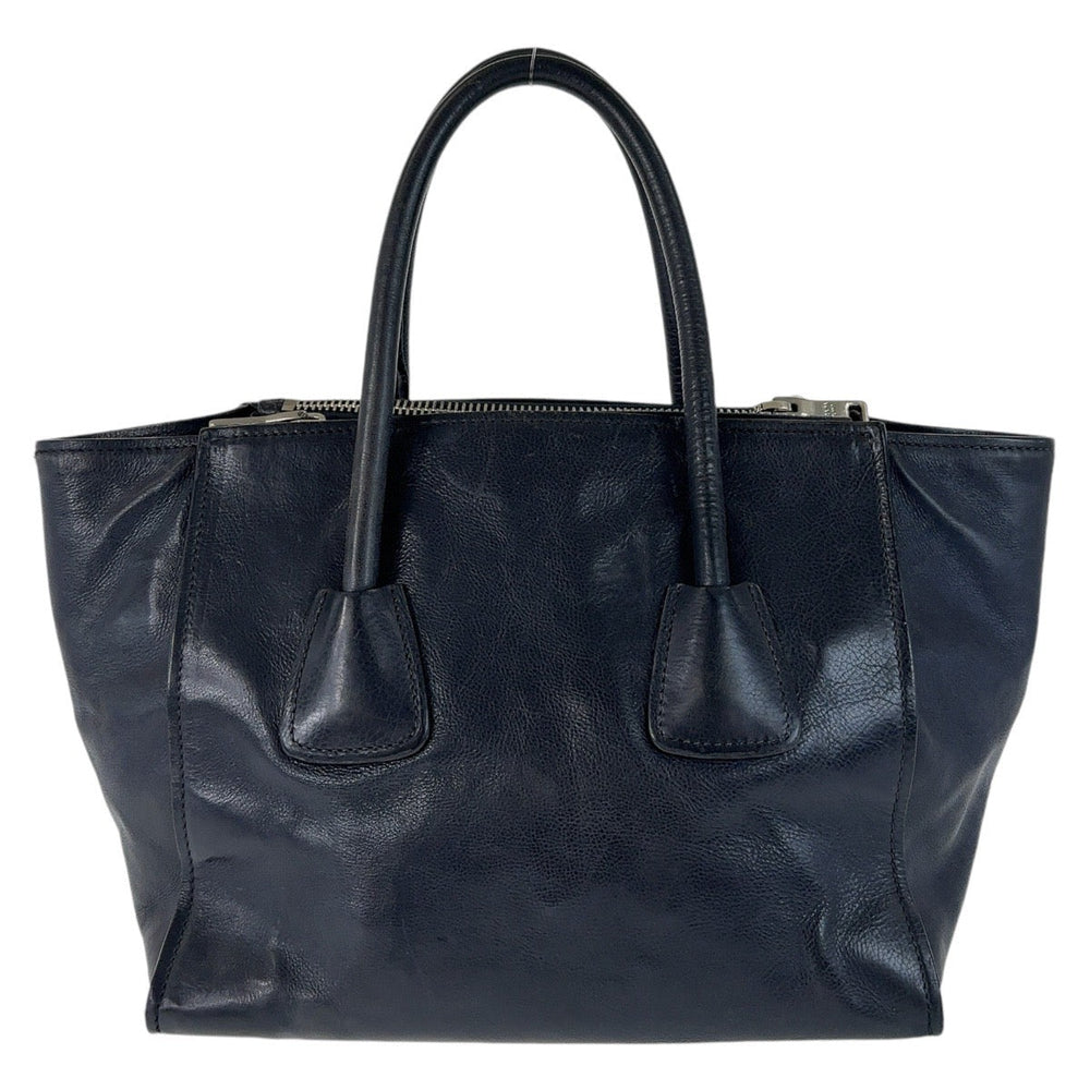 PRADA Tote Bag leather Navy SilverMetal Tote Bag handbag Triangle With logo Women Used Authentic