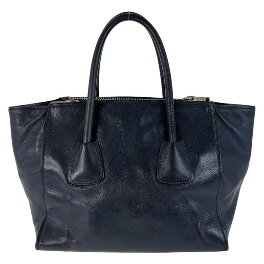 PRADA Tote Bag leather Navy SilverMetal Tote Bag handbag Triangle With logo Women Used Authentic