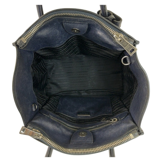 PRADA Tote Bag leather Navy SilverMetal Tote Bag handbag Triangle With logo Women Used Authentic