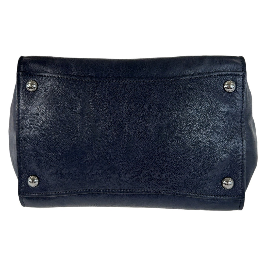 PRADA Tote Bag leather Navy SilverMetal Tote Bag handbag Triangle With logo Women Used Authentic