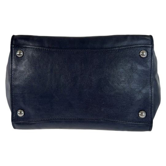 PRADA Tote Bag leather Navy SilverMetal Tote Bag handbag Triangle With logo Women Used Authentic