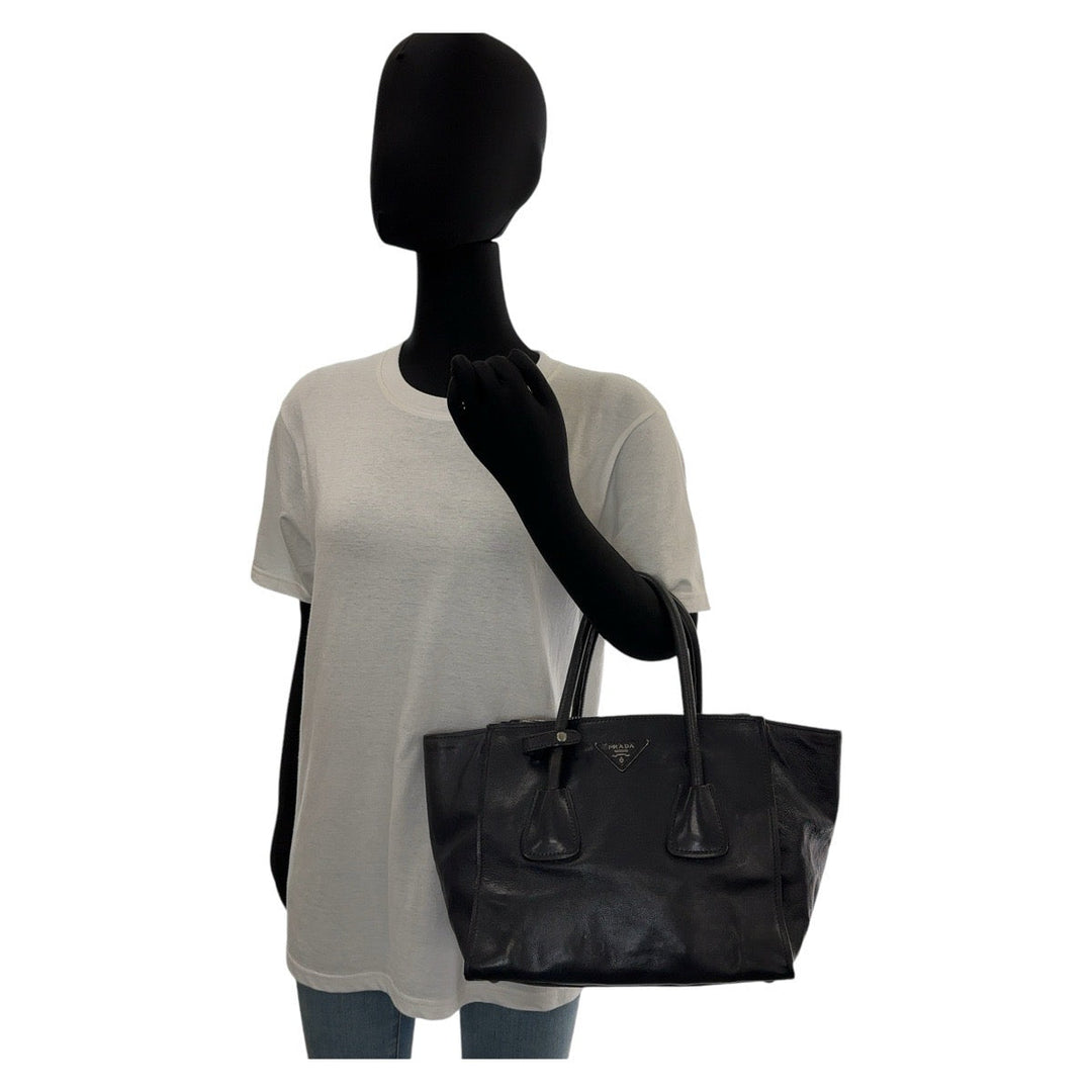 PRADA Tote Bag leather Navy SilverMetal Tote Bag handbag Triangle With logo Women Used Authentic