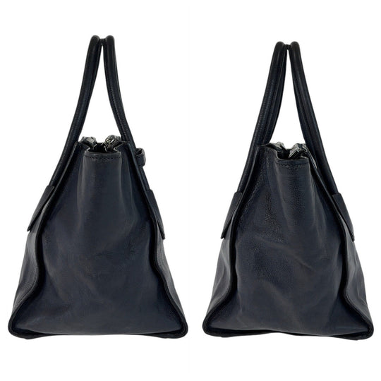 PRADA Tote Bag leather Navy SilverMetal Tote Bag handbag Triangle With logo Women Used Authentic