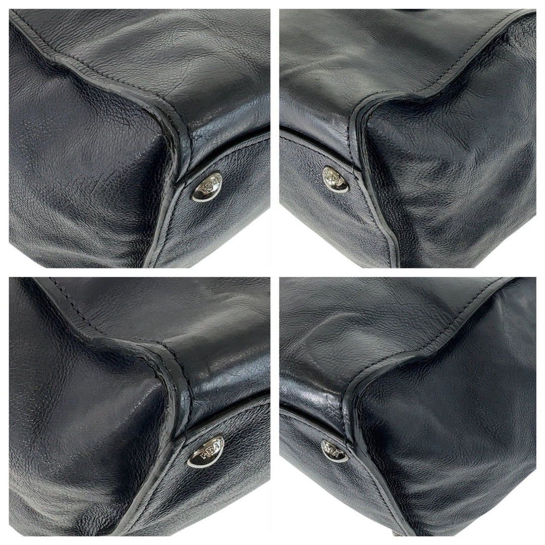 PRADA Tote Bag leather Navy SilverMetal Tote Bag handbag Triangle With logo Women Used Authentic