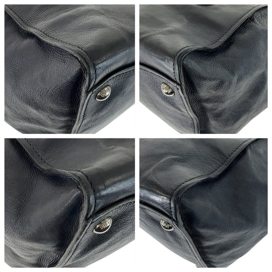 PRADA Tote Bag leather Navy SilverMetal Tote Bag handbag Triangle With logo Women Used Authentic