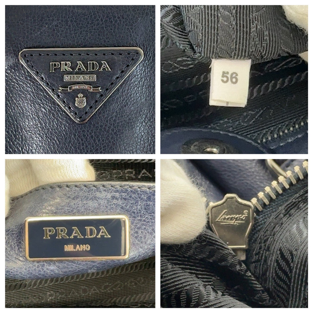 PRADA Tote Bag leather Navy SilverMetal Tote Bag handbag Triangle With logo Women Used Authentic