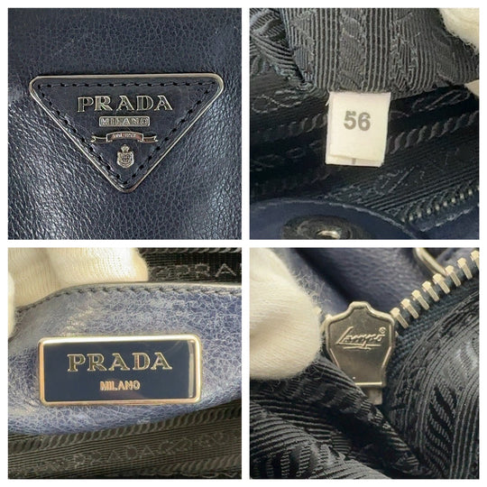 PRADA Tote Bag leather Navy SilverMetal Tote Bag handbag Triangle With logo Women Used Authentic