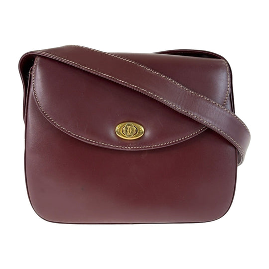 CARTIER Shoulder Bag leather Wine Red Bordeaux Gold Metal Crossbody Shoulder Bag Pochette Must Line Women Used Authentic