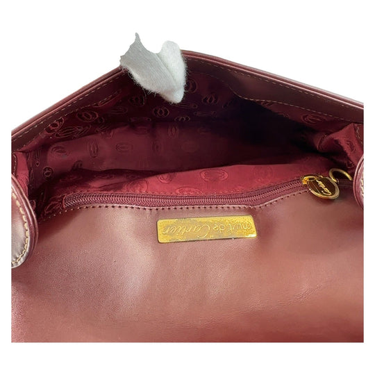CARTIER Shoulder Bag leather Wine Red Bordeaux Gold Metal Crossbody Shoulder Bag Pochette Must Line Women Used Authentic