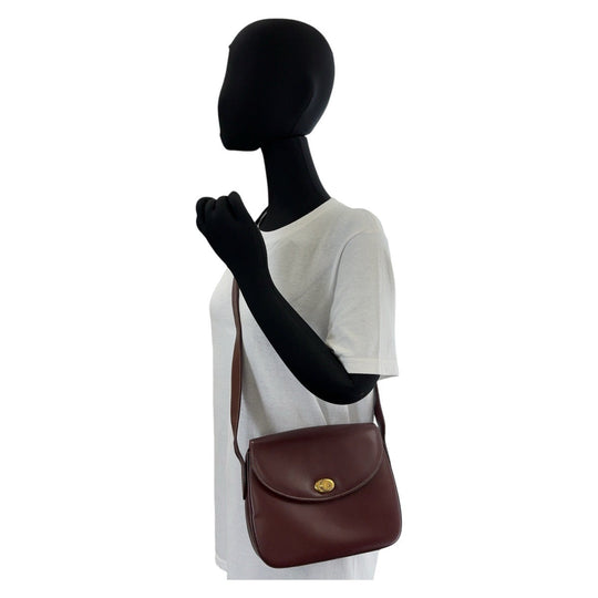 CARTIER Shoulder Bag leather Wine Red Bordeaux Gold Metal Crossbody Shoulder Bag Pochette Must Line Women Used Authentic