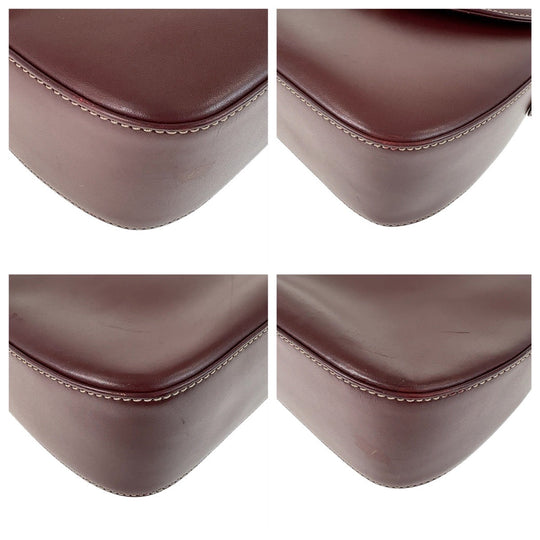 CARTIER Shoulder Bag leather Wine Red Bordeaux Gold Metal Crossbody Shoulder Bag Pochette Must Line Women Used Authentic