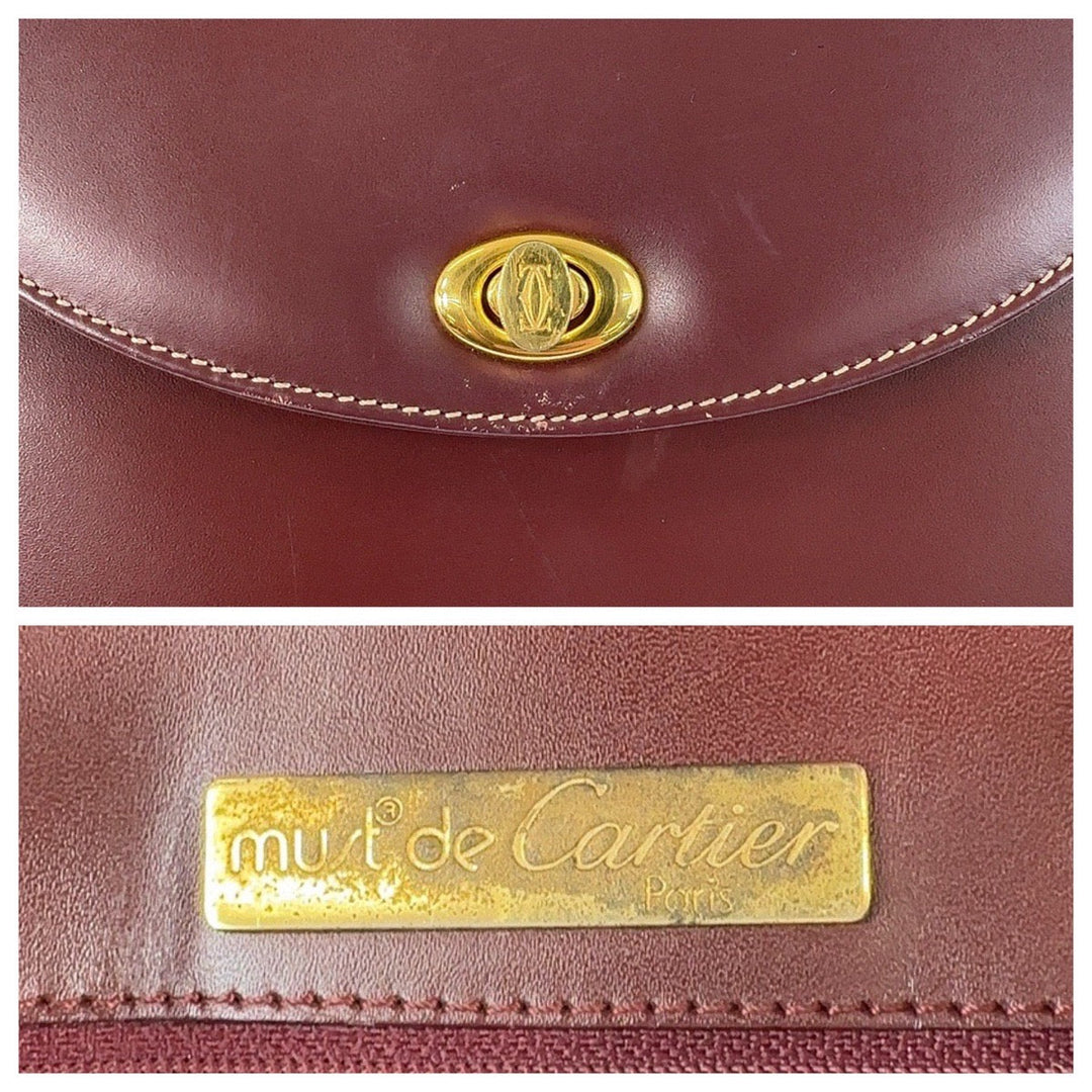 CARTIER Shoulder Bag leather Wine Red Bordeaux Gold Metal Crossbody Shoulder Bag Pochette Must Line Women Used Authentic