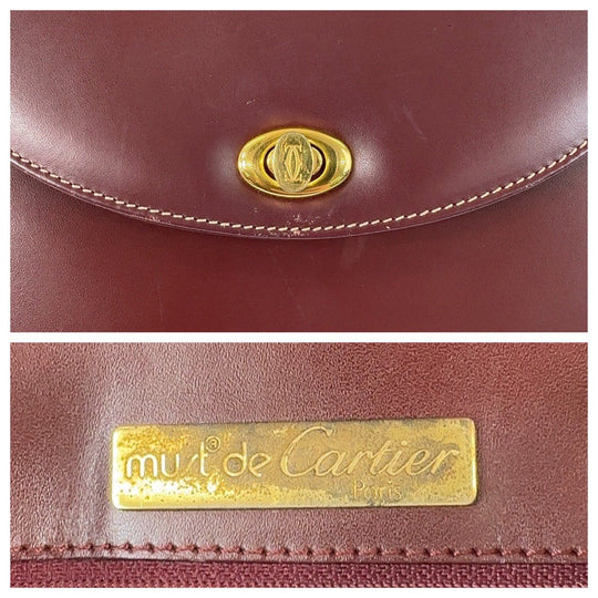 CARTIER Shoulder Bag leather Wine Red Bordeaux Gold Metal Crossbody Shoulder Bag Pochette Must Line Women Used Authentic