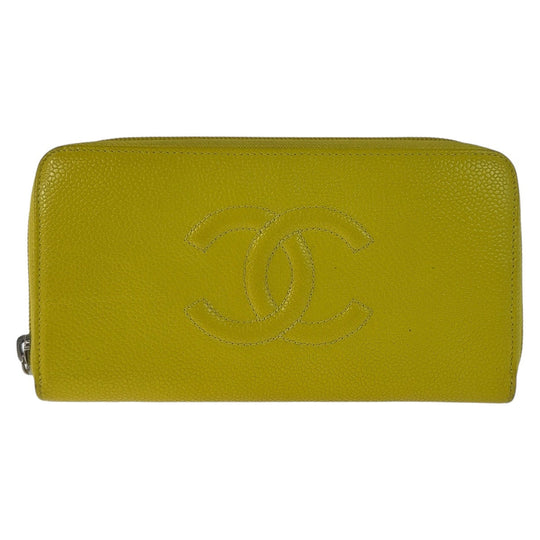CHANEL Long Wallet Purse Caviar skin Yellow SilverMetal Long Wallet Purse COCO Mark Women Used Authentic