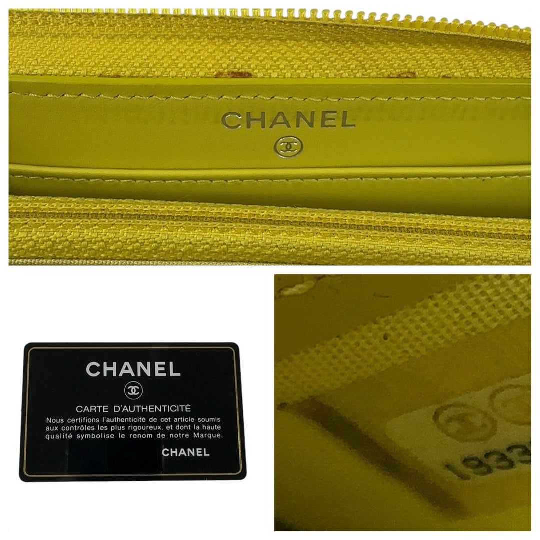 CHANEL Long Wallet Purse Caviar skin Yellow SilverMetal Long Wallet Purse COCO Mark Women Used Authentic