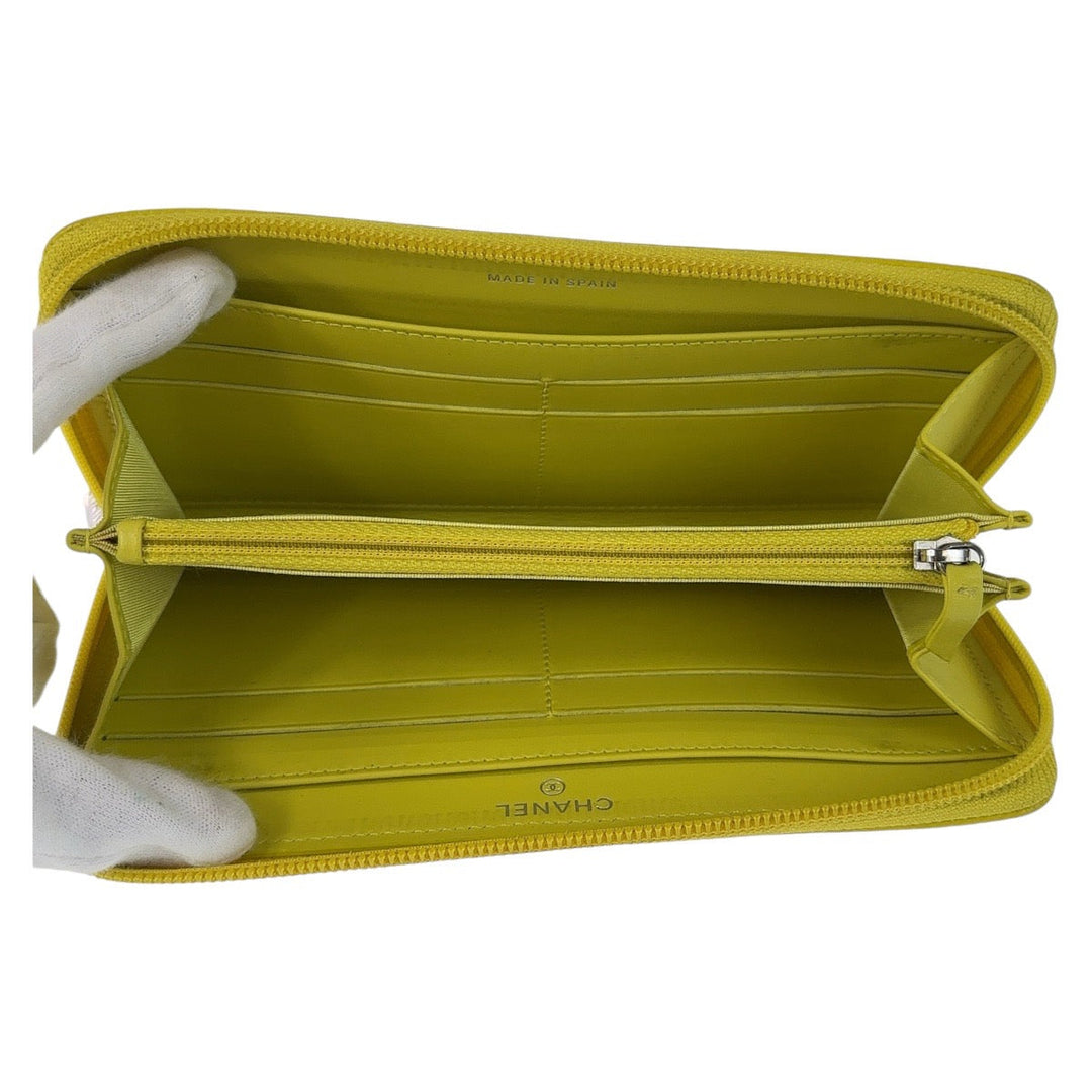 CHANEL Long Wallet Purse Caviar skin Yellow SilverMetal Long Wallet Purse COCO Mark Women Used Authentic