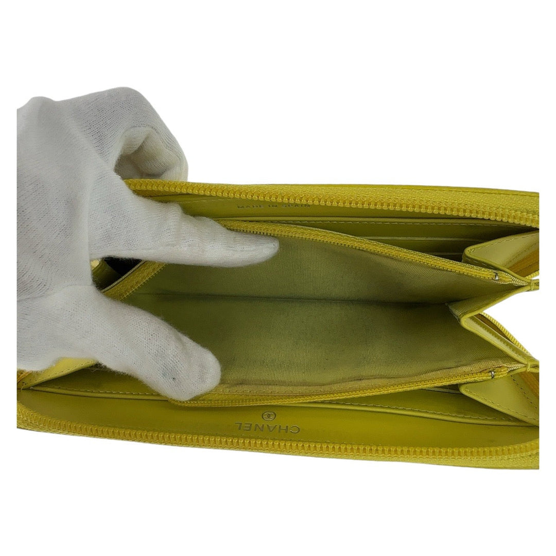CHANEL Long Wallet Purse Caviar skin Yellow SilverMetal Long Wallet Purse COCO Mark Women Used Authentic