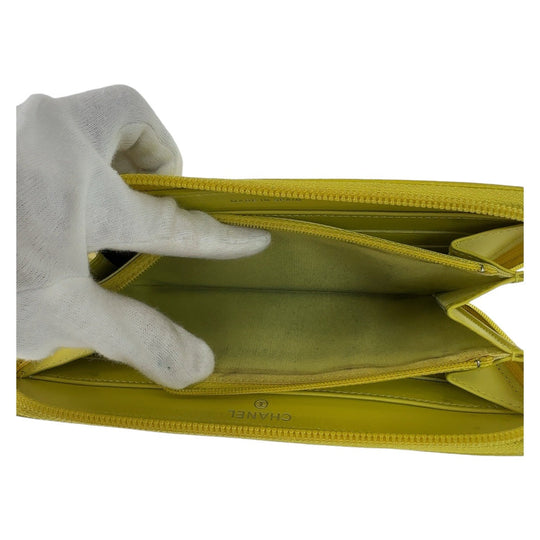 CHANEL Long Wallet Purse Caviar skin Yellow SilverMetal Long Wallet Purse COCO Mark Women Used Authentic
