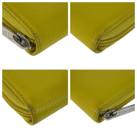 CHANEL Long Wallet Purse Caviar skin Yellow SilverMetal Long Wallet Purse COCO Mark Women Used Authentic