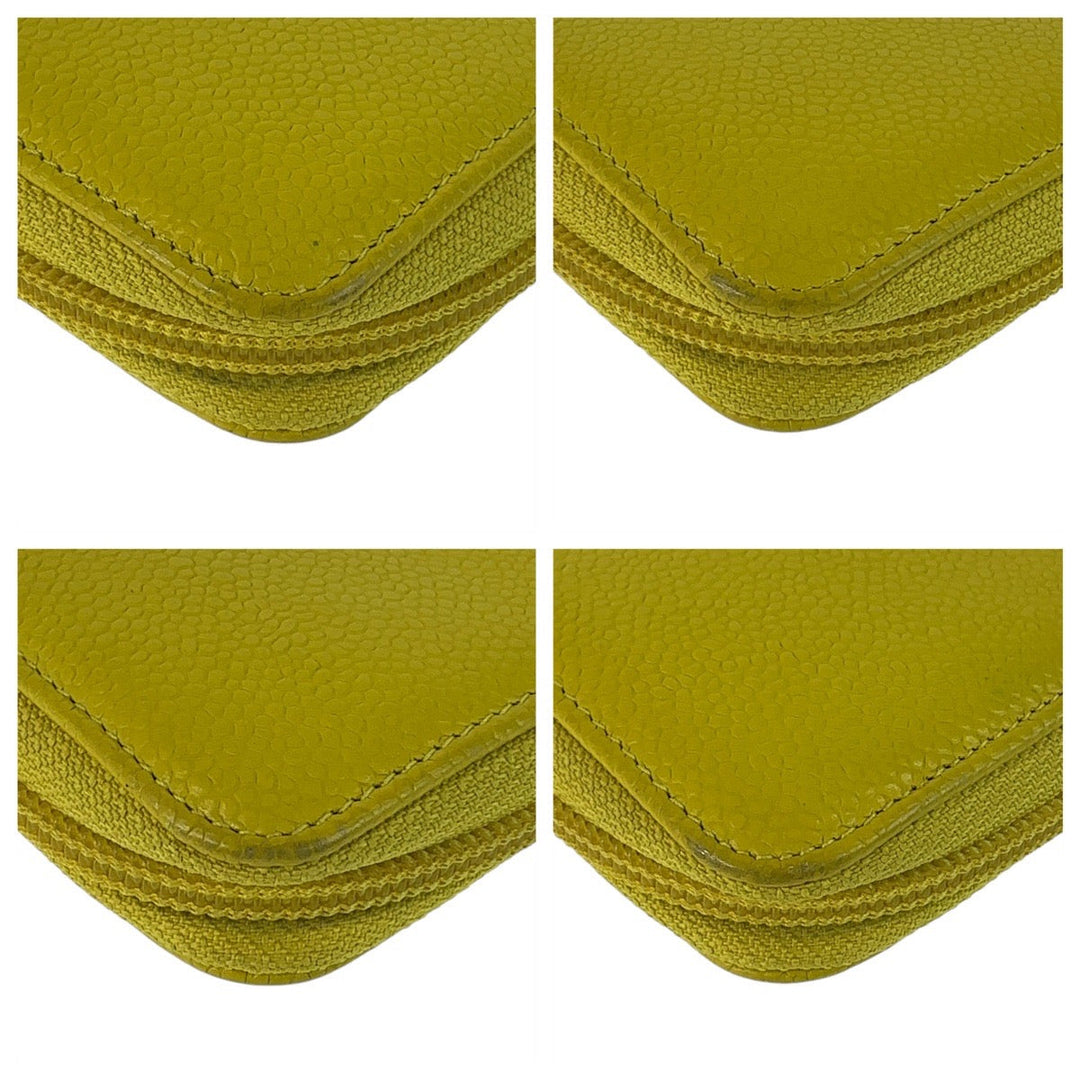 CHANEL Long Wallet Purse Caviar skin Yellow SilverMetal Long Wallet Purse COCO Mark Women Used Authentic