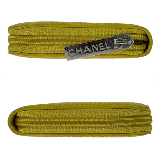 CHANEL Long Wallet Purse Caviar skin Yellow SilverMetal Long Wallet Purse COCO Mark Women Used Authentic