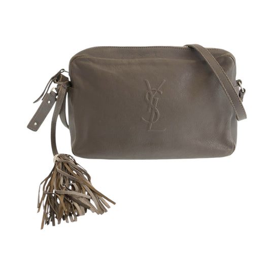 YVES SAINT LAURENT Shoulder Bag leather Greige SilverMetal Shoulder Bag pochette YSL logo fringe Women Used Authentic