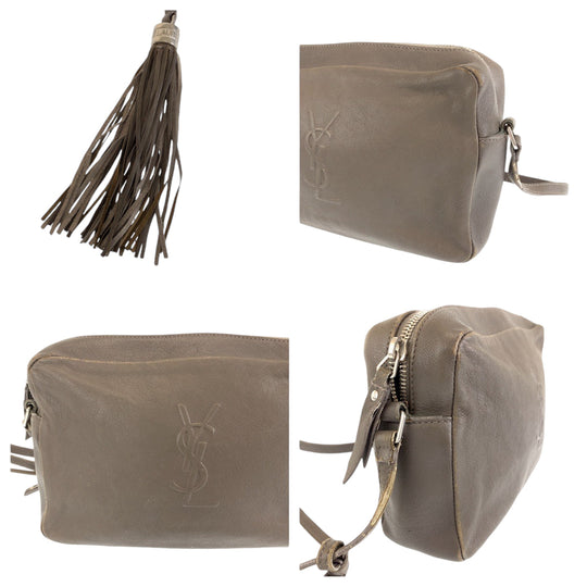 YVES SAINT LAURENT Shoulder Bag leather Greige SilverMetal Shoulder Bag pochette YSL logo fringe Women Used Authentic