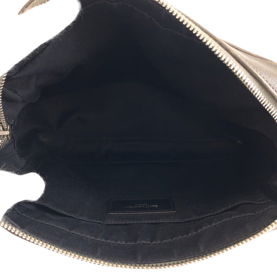 YVES SAINT LAURENT Shoulder Bag leather Greige SilverMetal Shoulder Bag pochette YSL logo fringe Women Used Authentic